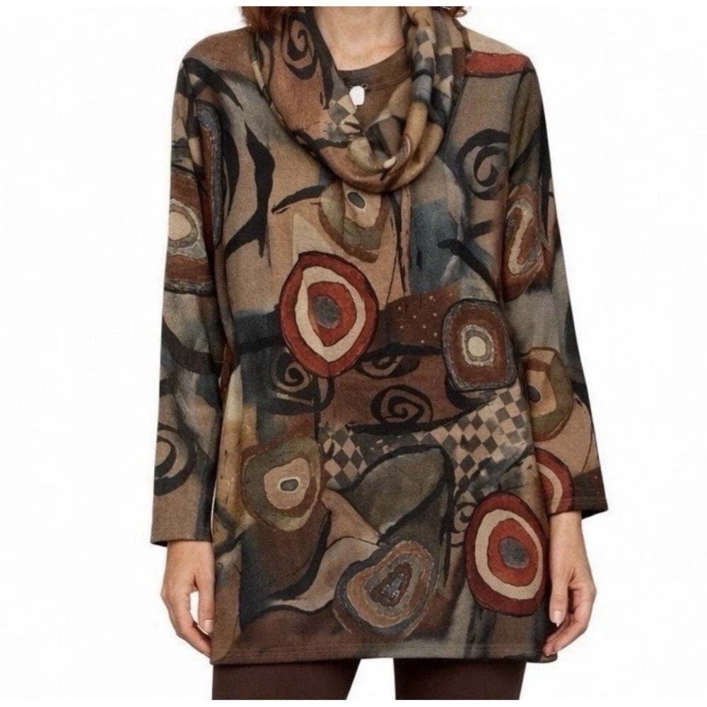 Adore Women's Medium Abstract Print Cowl Neck Tunic Top Boho Art To Wear NWT Y2K